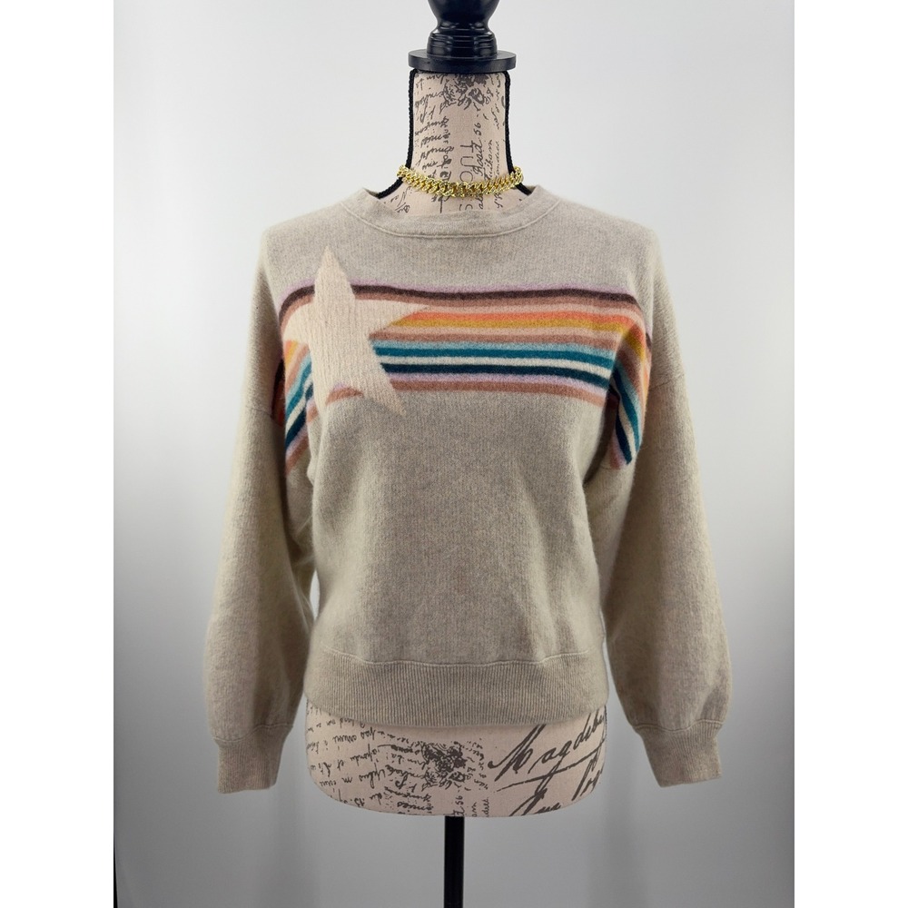 B39 360 Cashmere Sweater Womens Small Beige Star Rainbow Stripe Relaxed Pullover